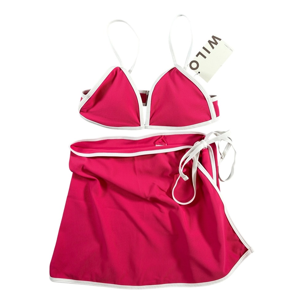 Wilo The Label 3PC Contrast Bikini With Skirt Hot Pink White XS W4S03HPK-XS